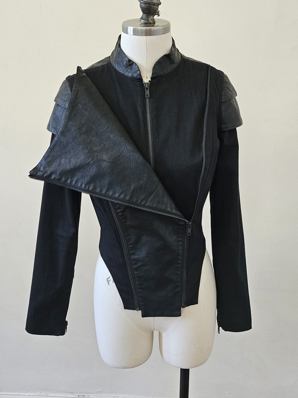 Black Asymmetrical Vegan Leather-Trim Moto Jacket